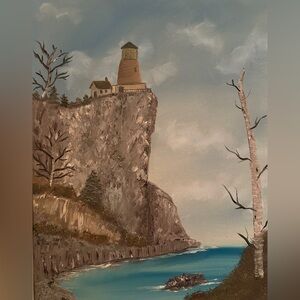 Coastal Lighthouse Canvas Painting in Blue and Brown